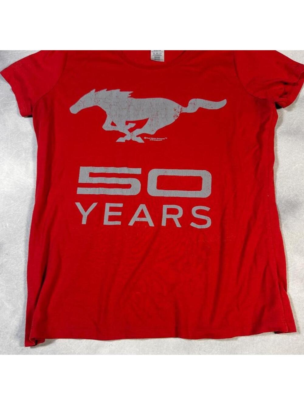 Ford Mustang 50 Years, Women’s  T Shirt 2XL Red 2014 Pony Logo Distressed